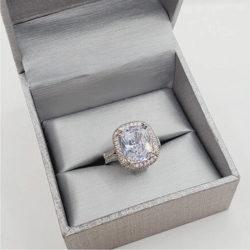 Cushion Cut White Diamond Simulants Silver Tone Pave Halo Engagement Ring